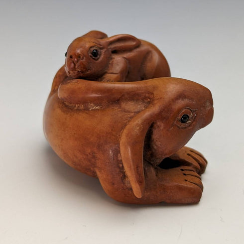 Japanese vintage rabbit parent and child wooden netsuke